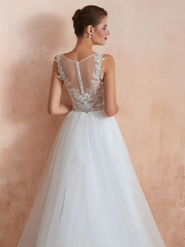 Wedding Dress 2021 A Line Sleeveless Lace Floor Length Tulle Bridal Gowns With Train