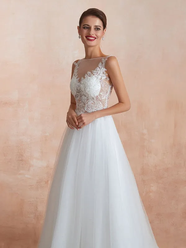 Wedding Dress 2021 A Line Sleeveless Lace Floor Length Tulle Bridal Gowns With Train