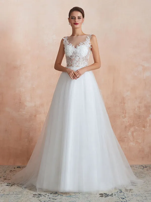 Wedding Dress 2021 A Line Sleeveless Lace Floor Length Tulle Bridal Gowns With Train