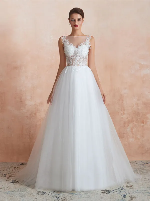 Wedding Dress 2021 A Line Sleeveless Lace Floor Length Tulle Bridal Gowns With Train