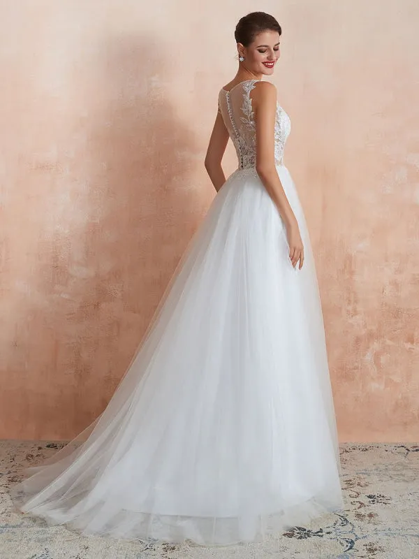 Wedding Dress 2021 A Line Sleeveless Lace Floor Length Tulle Bridal Gowns With Train