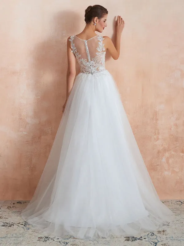 Wedding Dress 2021 A Line Sleeveless Lace Floor Length Tulle Bridal Gowns With Train