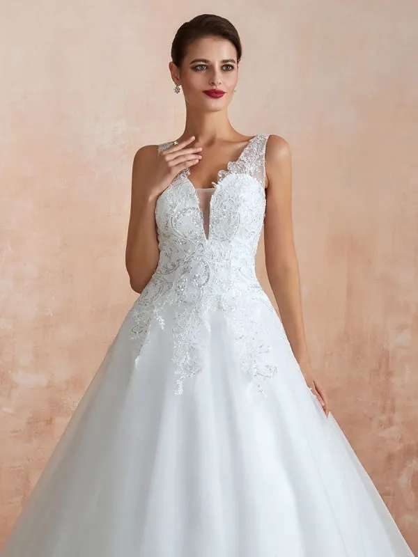 Wedding Dress 2021 V Neck Princess Sleeveless Floor Length Tulle Bridal Gown With Train