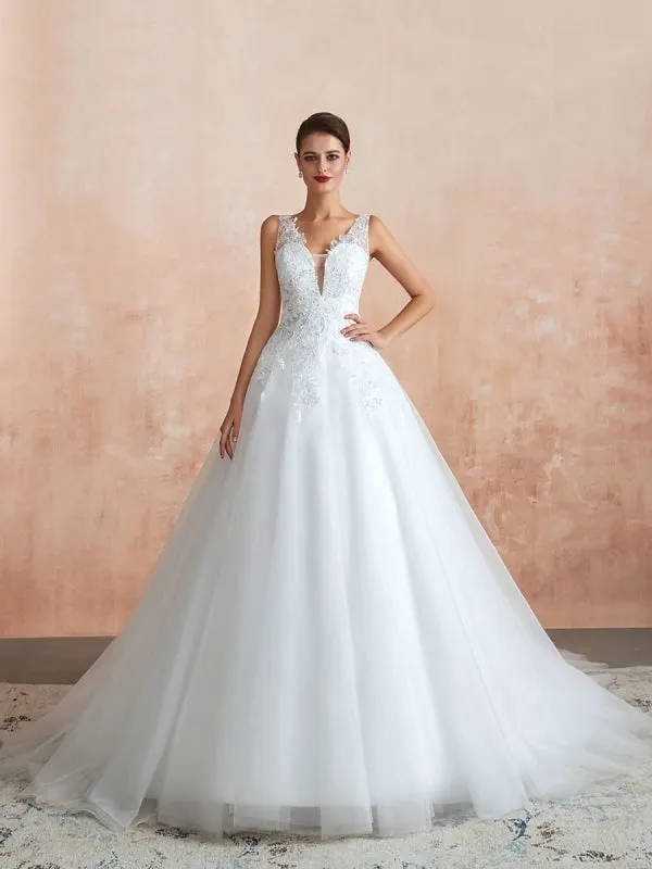 Wedding Dress 2021 V Neck Princess Sleeveless Floor Length Tulle Bridal Gown With Train