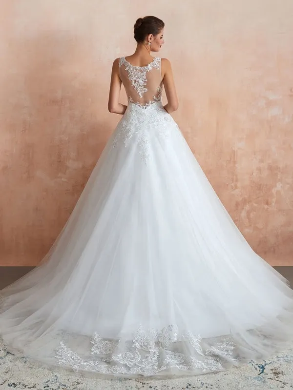 Wedding Dress 2021 V Neck Princess Sleeveless Floor Length Tulle Bridal Gown With Train