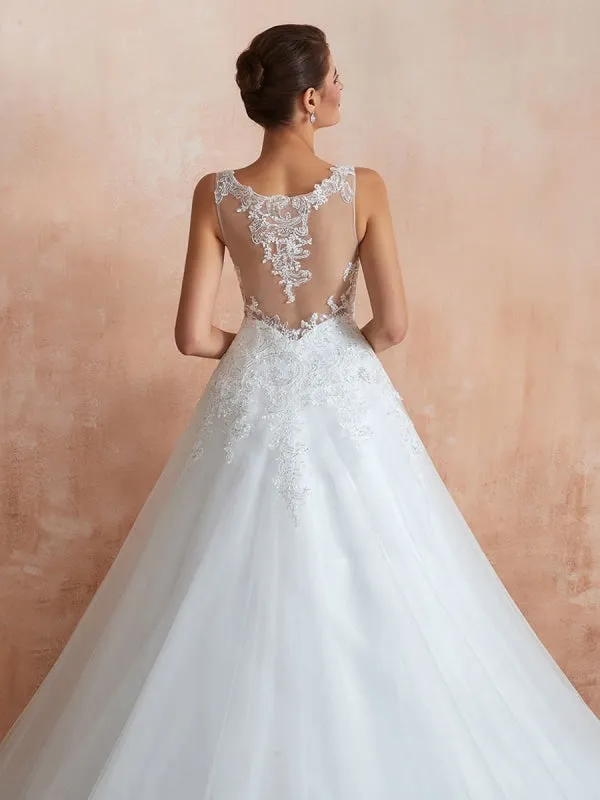 Wedding Dress 2021 V Neck Princess Sleeveless Floor Length Tulle Bridal Gown With Train