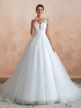 Wedding Dress 2021 V Neck Princess Sleeveless Floor Length Tulle Bridal Gown With Train