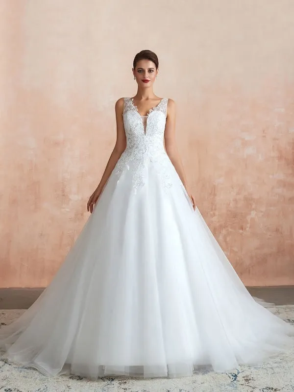 Wedding Dress 2021 V Neck Princess Sleeveless Floor Length Tulle Bridal Gown With Train