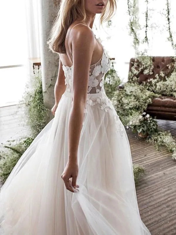 Wedding Dress Jewel Neck A Line Sleeveless Flowers Floorlength Backless Bridal Gowns