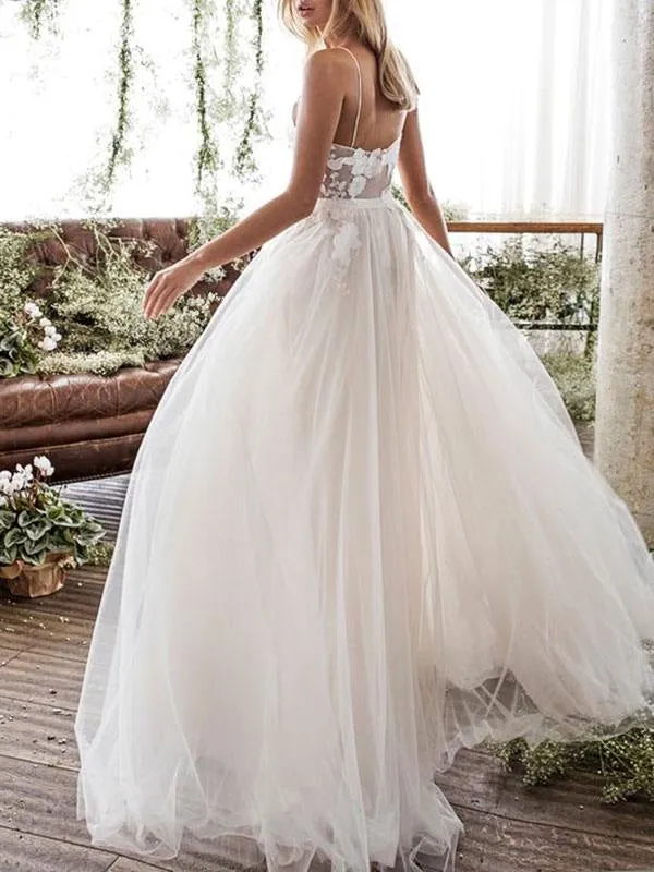 Wedding Dress Jewel Neck A Line Sleeveless Flowers Floorlength Backless Bridal Gowns