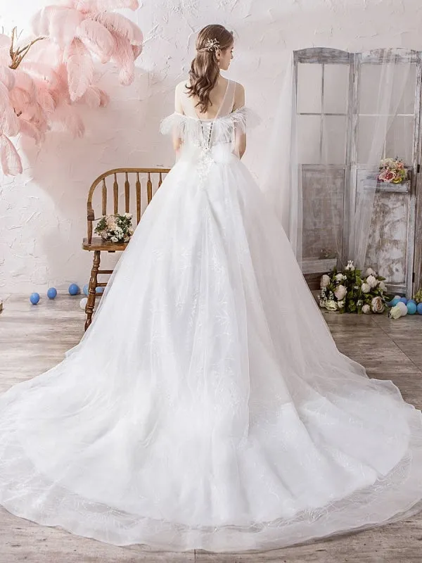 Wedding Dress Princess Silhouette Jewel Neck Short Sleeves Natural Waist Cathedral Train Bridal Dresses