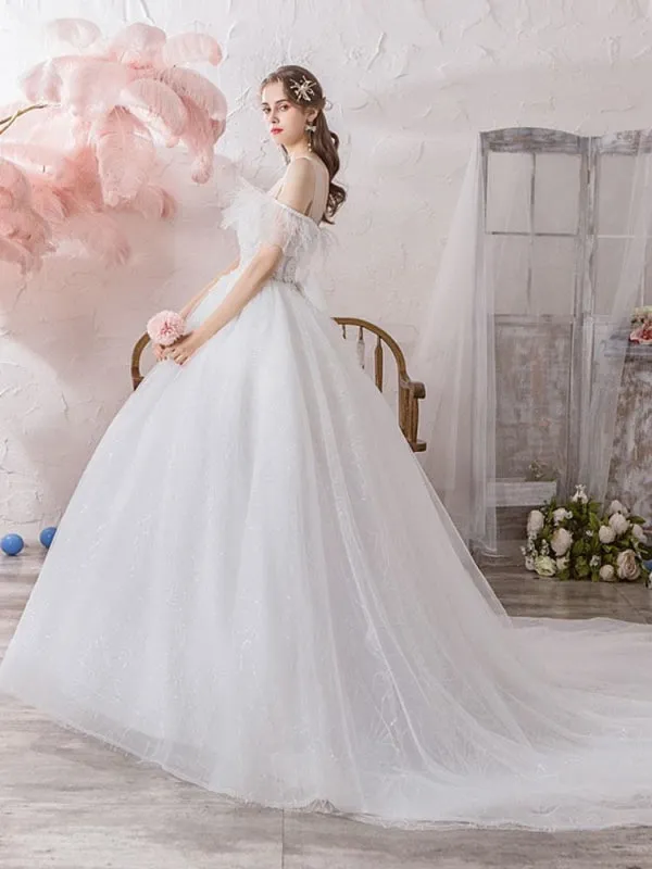 Wedding Dress Princess Silhouette Jewel Neck Short Sleeves Natural Waist Cathedral Train Bridal Dresses