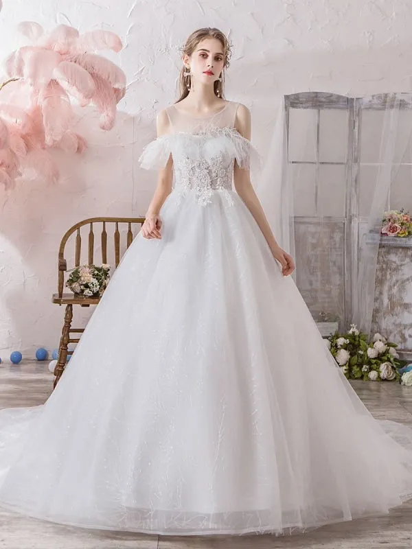 Wedding Dress Princess Silhouette Jewel Neck Short Sleeves Natural Waist Cathedral Train Bridal Dresses