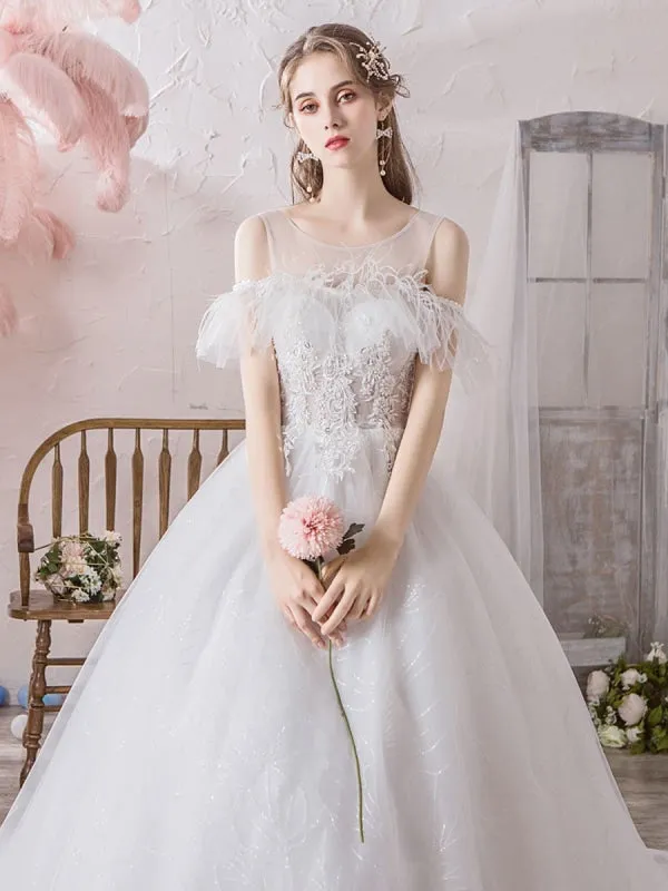 Wedding Dress Princess Silhouette Jewel Neck Short Sleeves Natural Waist Cathedral Train Bridal Dresses