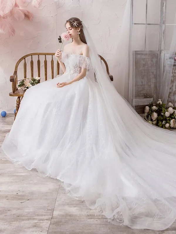 Wedding Dress Princess Silhouette Jewel Neck Short Sleeves Natural Waist Cathedral Train Bridal Dresses