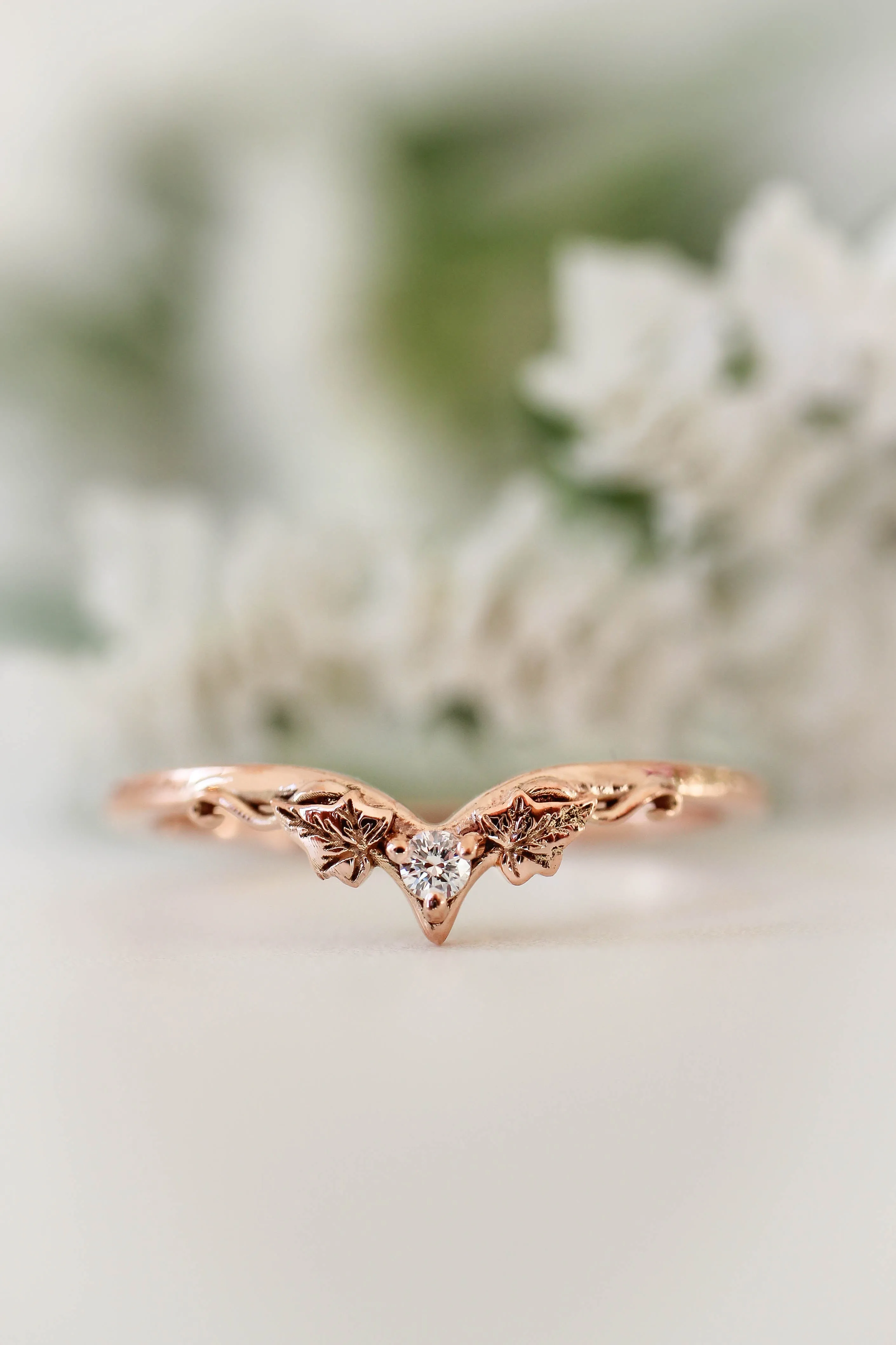 Wedding rings set for couple: gold ivy ring for man, chevron diamond ring for woman