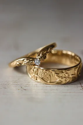 Wedding rings set for couple: gold ivy ring for man, chevron diamond ring for woman