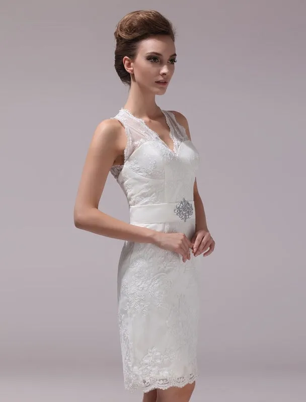 White Sheath Rhinestone Knee-Length Lace Wedding Reception Dress With V-Neck Exclusive