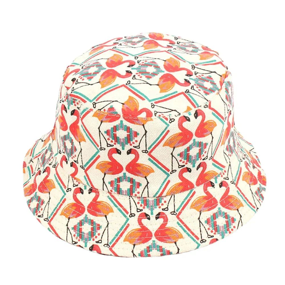 Women Print Flamingo Canvas Double-Sided Wear Outdoor Sunshade Fisherman Hat