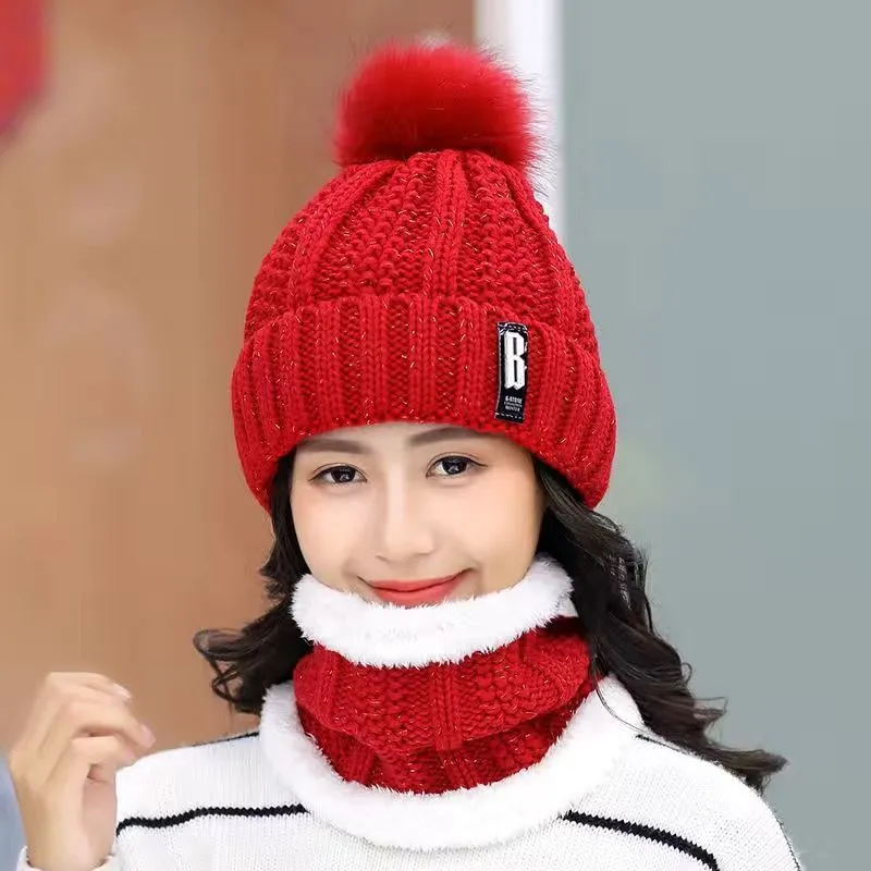 Women Wool Knitted Windproof Winter Outdoor Thick Hat Scarf