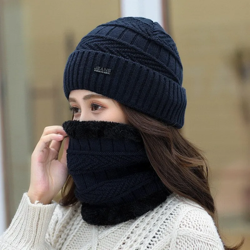 Women Wool Knitted Windproof Winter Outdoor Thick Hat Scarf