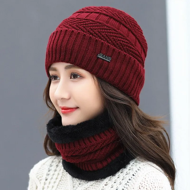 Women Wool Knitted Windproof Winter Outdoor Thick Hat Scarf