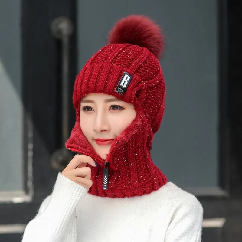 Women Wool Knitted Windproof Winter Outdoor Thick Hat Scarf