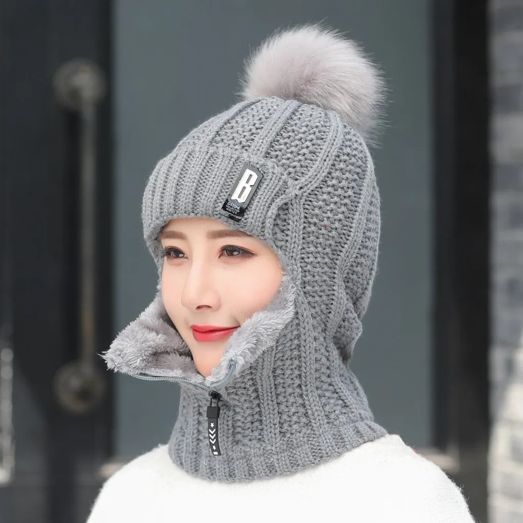 Women Wool Knitted Windproof Winter Outdoor Thick Hat Scarf