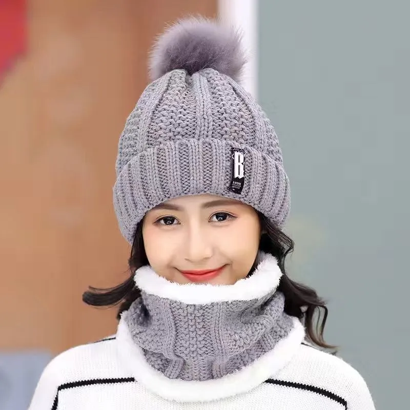 Women Wool Knitted Windproof Winter Outdoor Thick Hat Scarf