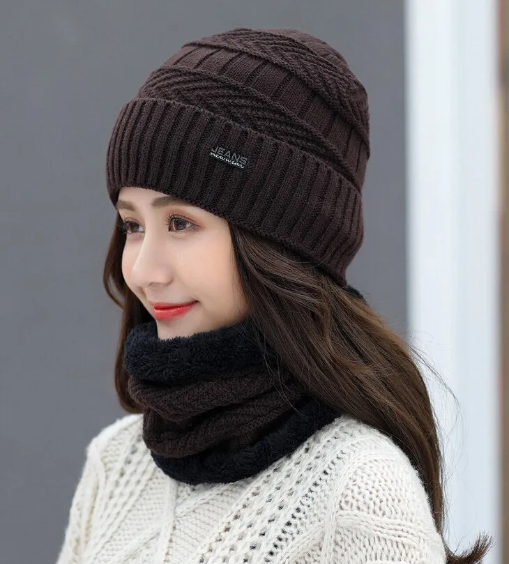 Women Wool Knitted Windproof Winter Outdoor Thick Hat Scarf