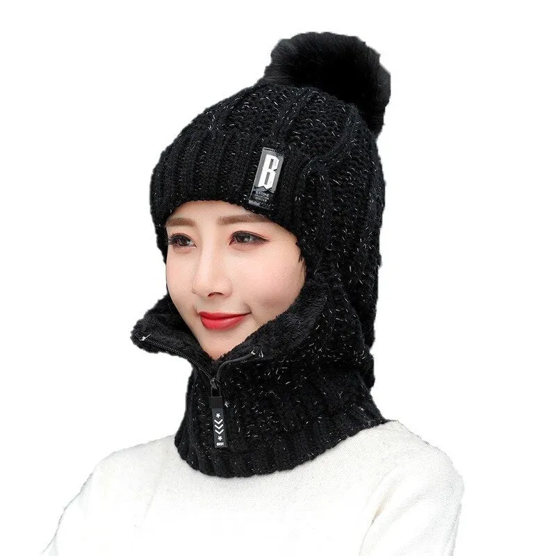 Women Wool Knitted Windproof Winter Outdoor Thick Hat Scarf