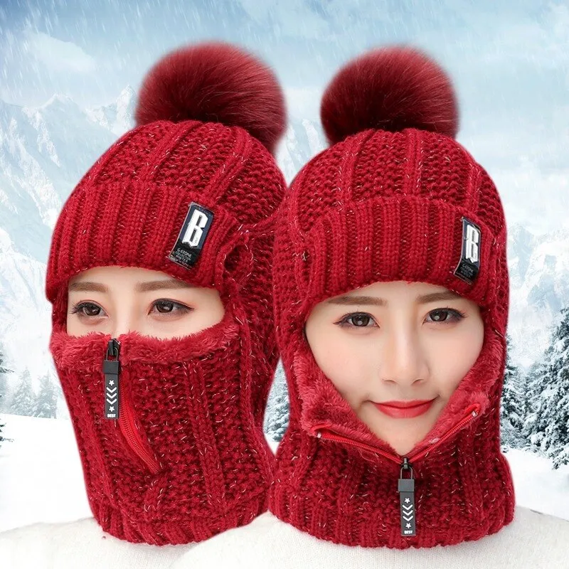 Women Wool Knitted Windproof Winter Outdoor Thick Hat Scarf