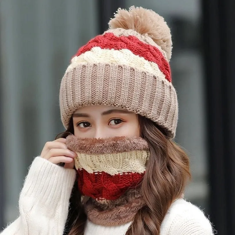 Women Wool Knitted Windproof Winter Outdoor Thick Hat Scarf