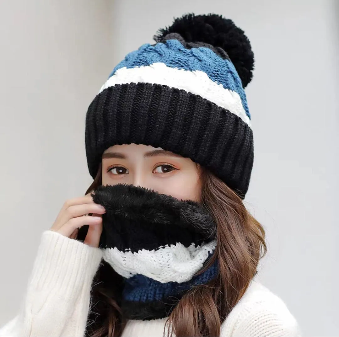 Women Wool Knitted Windproof Winter Outdoor Thick Hat Scarf