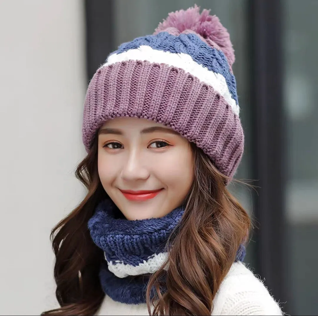 Women Wool Knitted Windproof Winter Outdoor Thick Hat Scarf