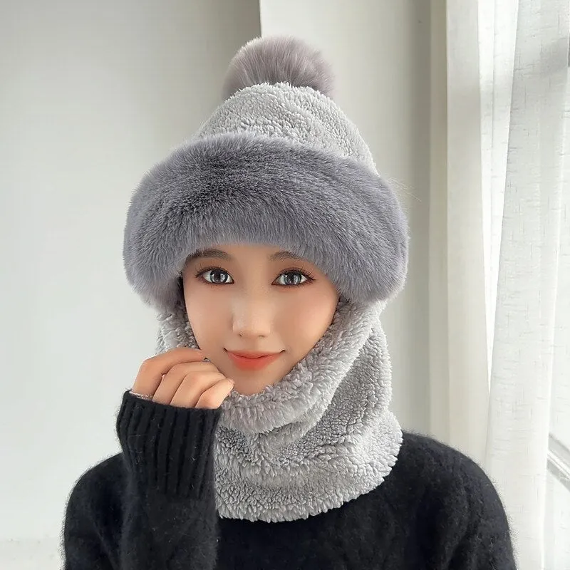 Women Wool Knitted Windproof Winter Outdoor Thick Hat Scarf