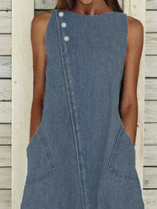 Women's Sleeveless Denim Maxi Dress with Pockets