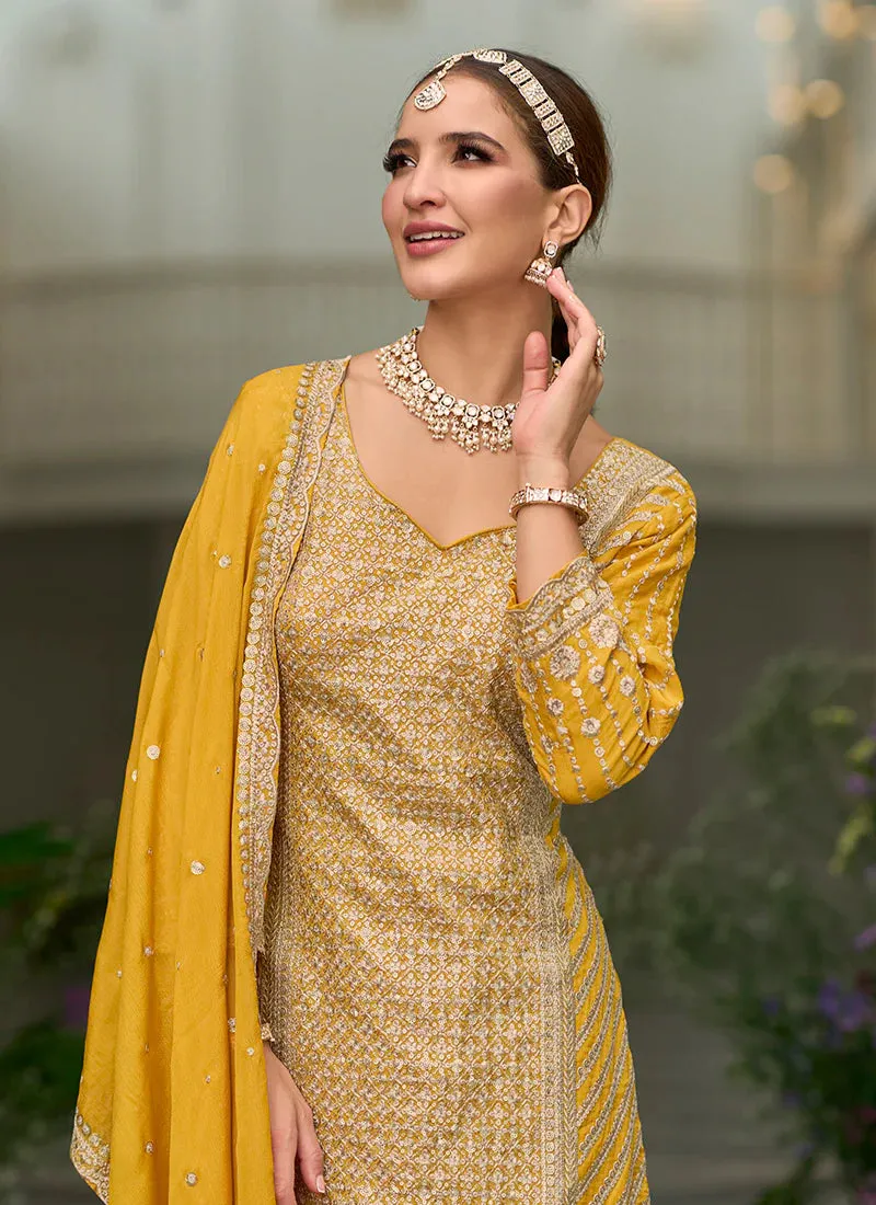 Wonderful Yellow Traditional Sequence Embroidery Festive Palazzo Suit